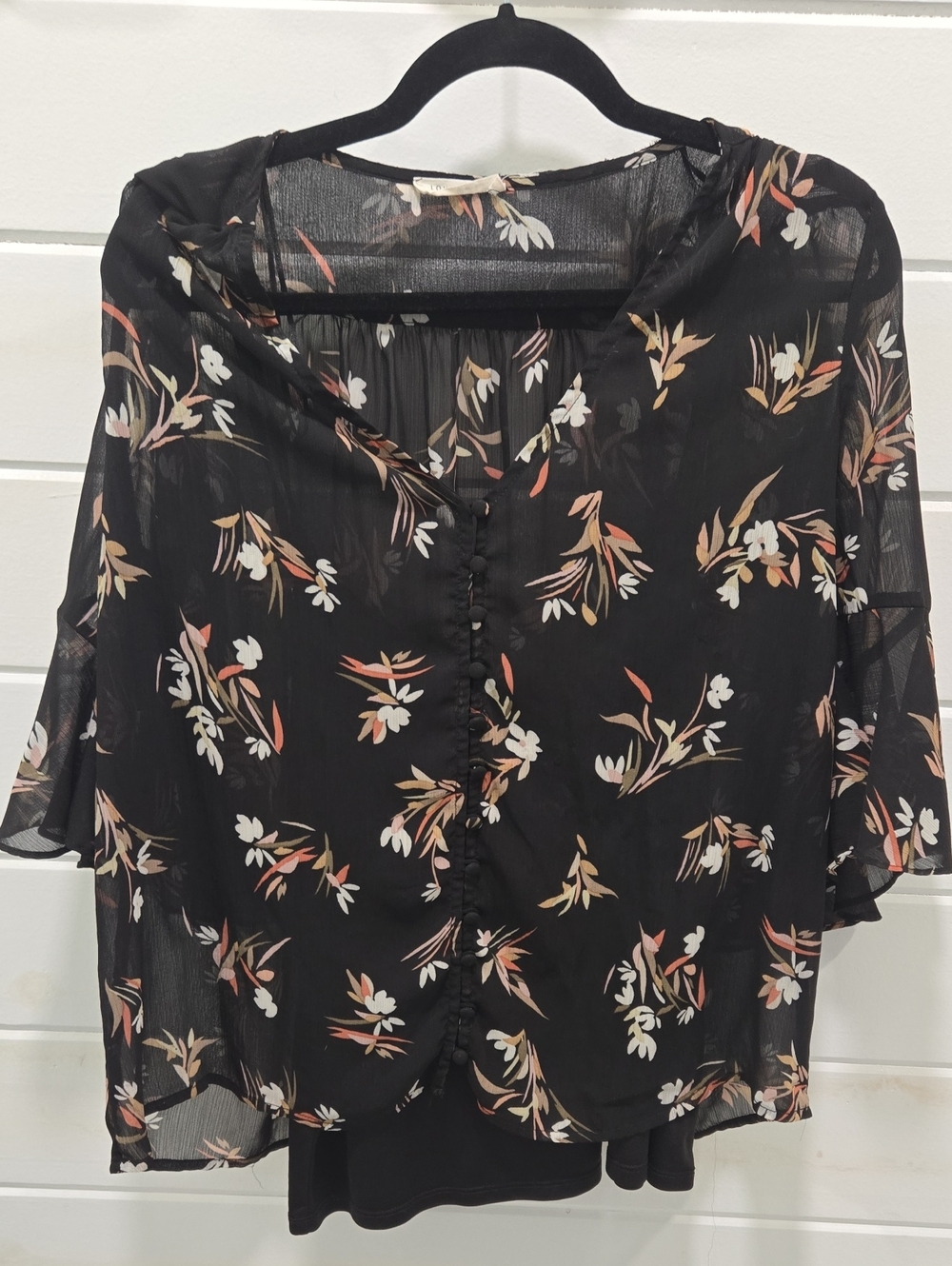 lovestitch Black Sheer Floral Button-Front Blouse with Peach and Cream Accents